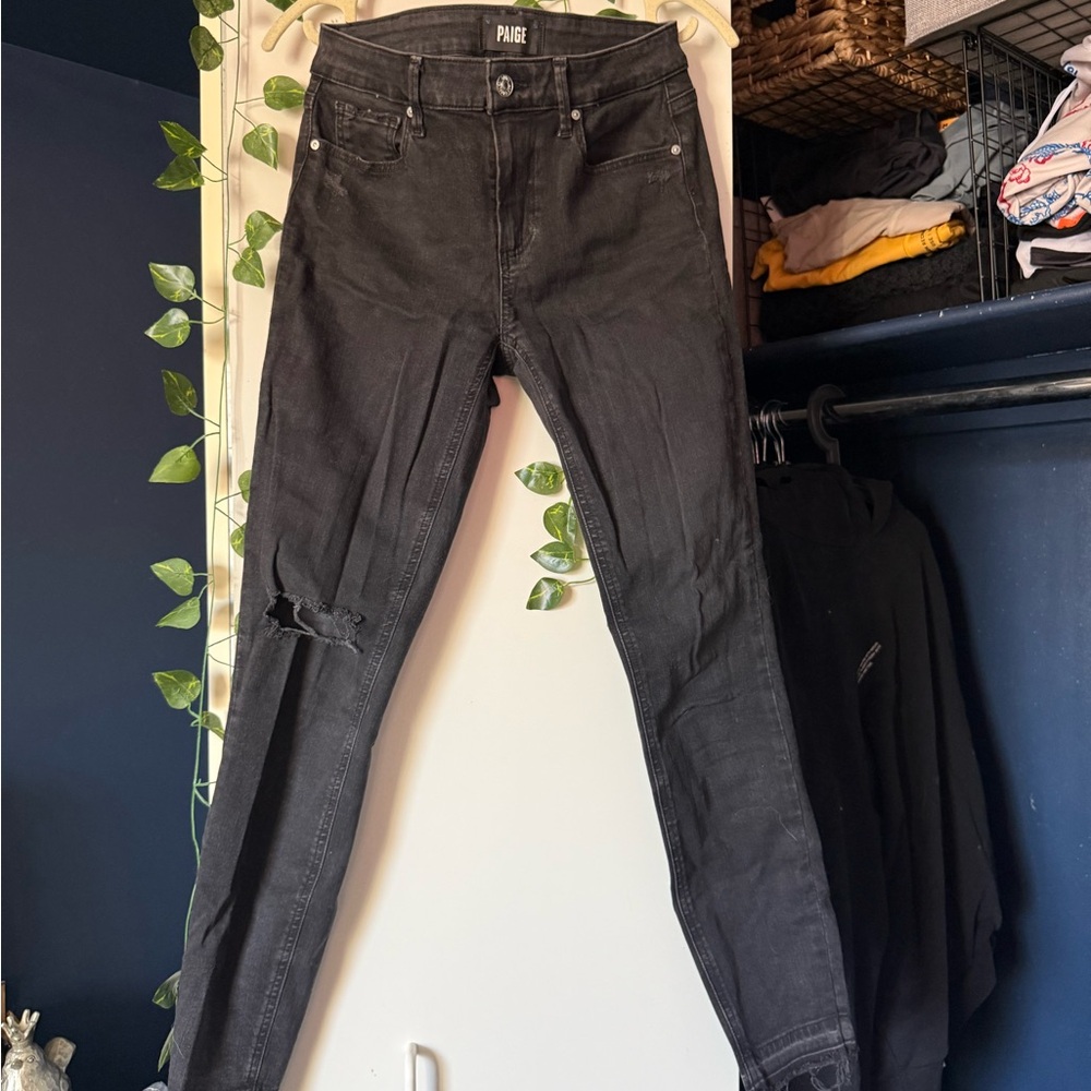 PAIGE Black Charcoal Skinny Women Jeans Knee Rip Distressed Size 27